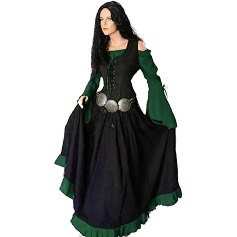

Retro Medieval Period Slim Fit One Shoulder Gown With Flared Sleeves And Wide Hemline Skirt Irregular Dress For Women