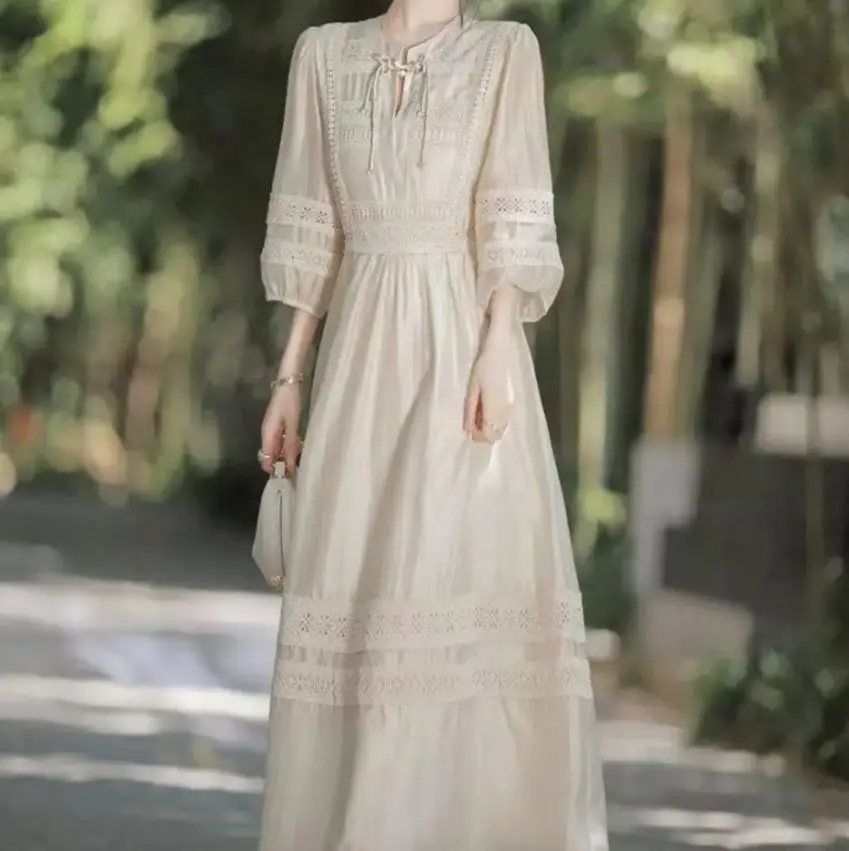 

2025 Summer New Solid Color Midi Dress Women High Street V-neck Puff Sleeve Fashion Dresses Elegant Lace Hollow Out Vestidos