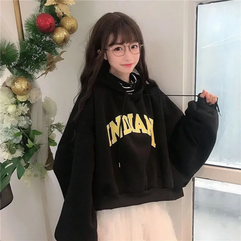 Autumn Thick Women Hoodies Fashion Loose Fake Two Piece Letter Printing Tops Harajuku Warm Preppy All Match Crop Sweatshirts