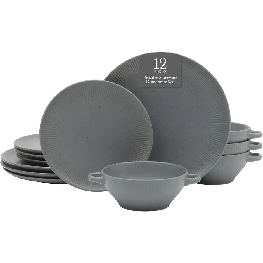 Conjunto de louça de grés Clover Hill, 12 peças, azul escuro, placas e tigelas em relevo com serviço de esmalte reativo moteado fosco para