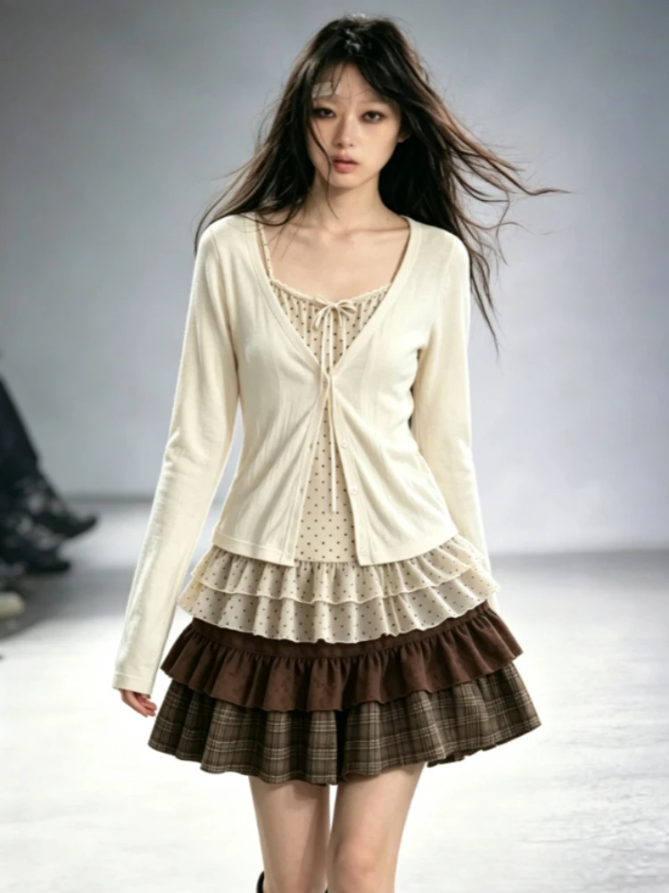 Season Vintage French 3Pcs Full Matching Sets Female Y2K Cropped Tops Mini Skirts Retro US Simple Street Daily Casual Outfits