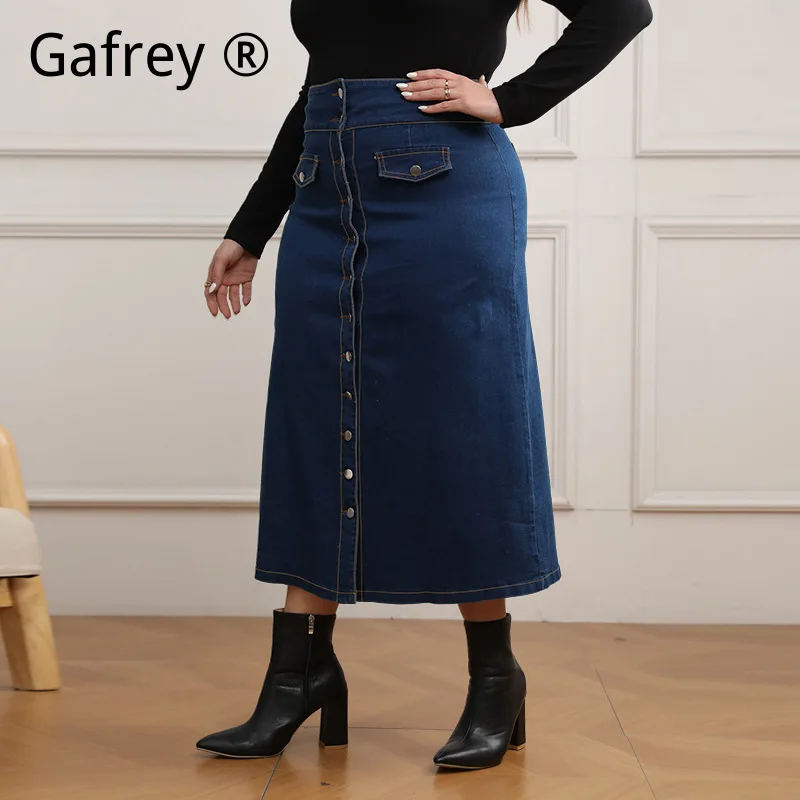 Plus Size High Waist Button Front Denim Jean Skirt Decorative Pocket Casual Loose Fit A Line Midi Oversize Jean Skirt 2026 New view 2