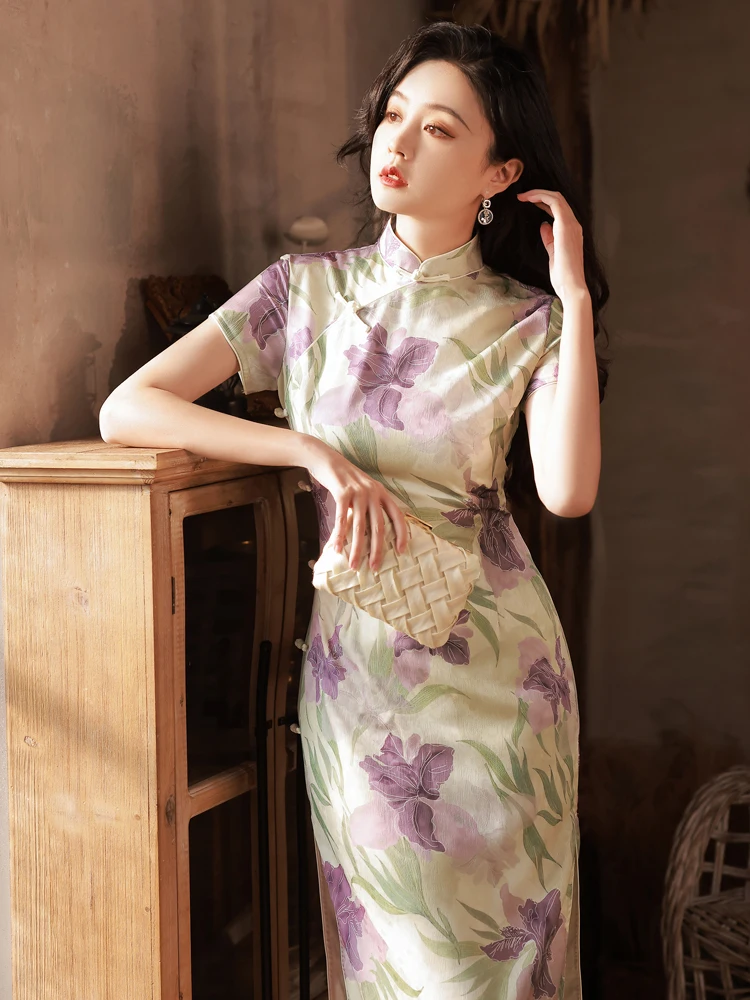 

Ретро-платье-ципао из ацетата с вышивкой для девочек, повседневное, летнее, новая улучшенная версия, с коротким рукавом, длинное