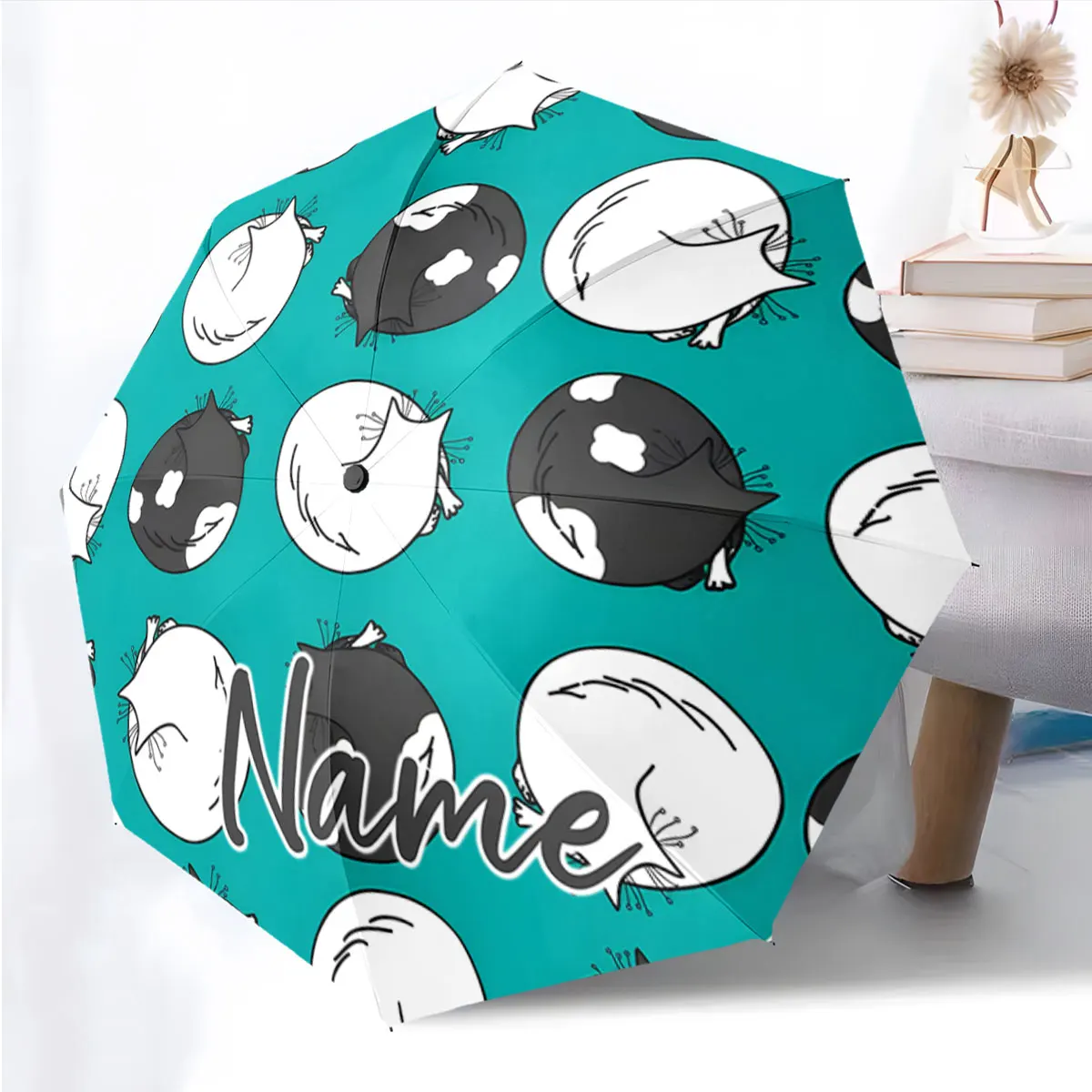 Custom Name Cat-Themed Design Umbrella with Vibrant Aqua Colors Print 8 Iron Ribs Folding Umbrella Auto-Open Fashion Sunshade