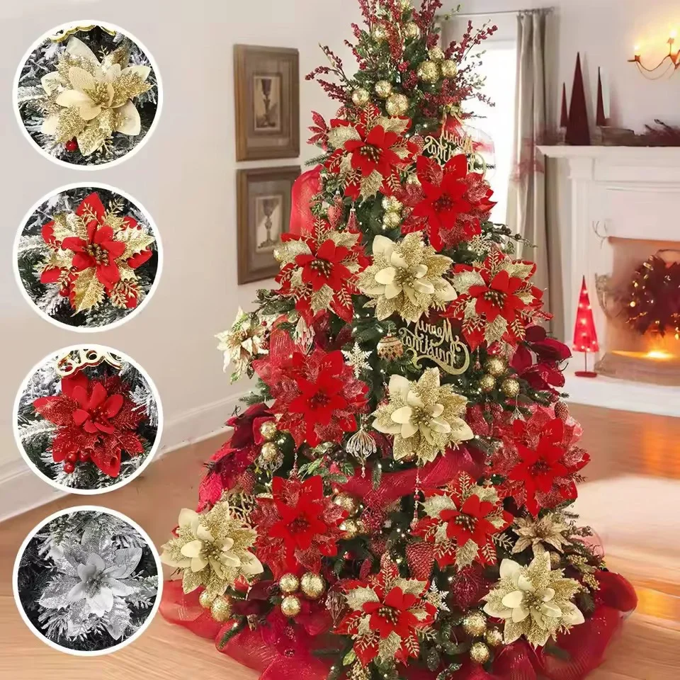 

10pcs Glitter Christmas Artificial Flowers Christmas Tree Hanging Ornaments Fake Flower for Home 2025 Xmas New Year Navidad Gift