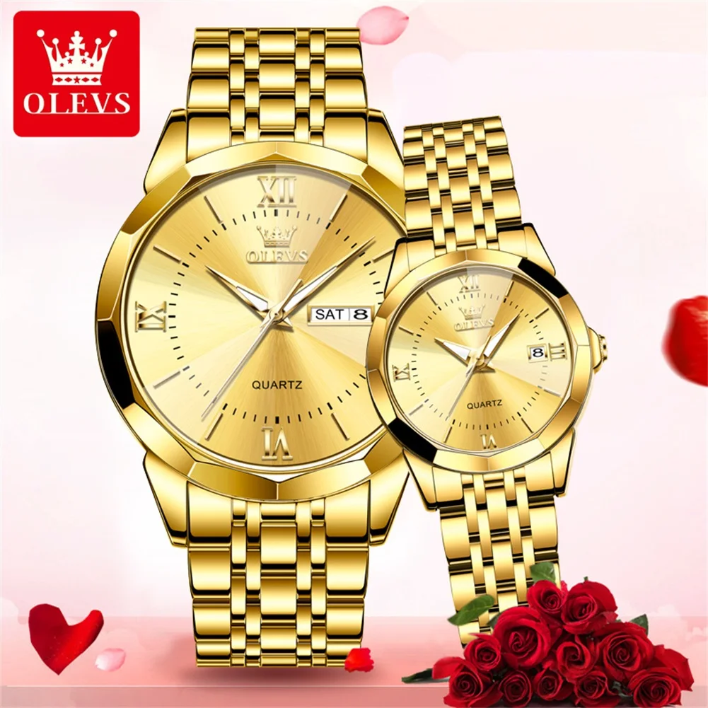 Olevs 9989 Paar Quartz Horloge Luxe Merk Waterdichte Ruit Spiegel Horloge Romantische Mannen En Vrouwen Dating Week Paar Horloge