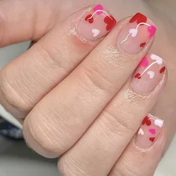 24Pcs Simple Square Head Press on Fake Nails with Glue Short French Nails Set Colorful Heart-shaped Pattern Design False Nail