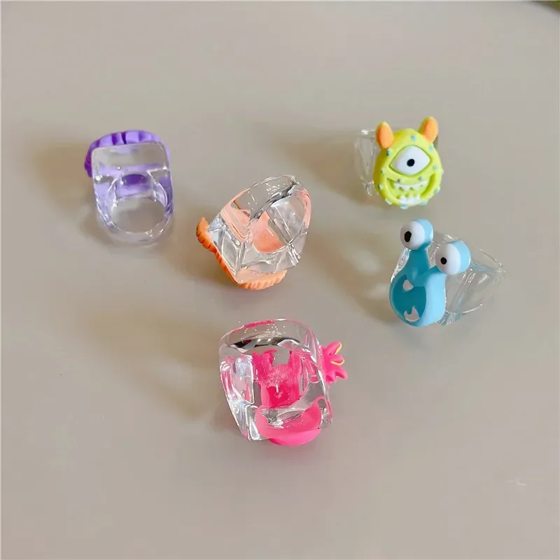 2023 Resin Transparent Ring Green Monster Cartoon Funny Square Rings 5 Pcs