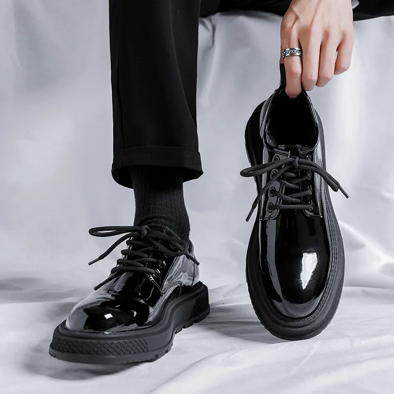 

men casual business wedding formal dresses patent leather shoes lace up oxfords derby shoe black platform footwear zapato hombre