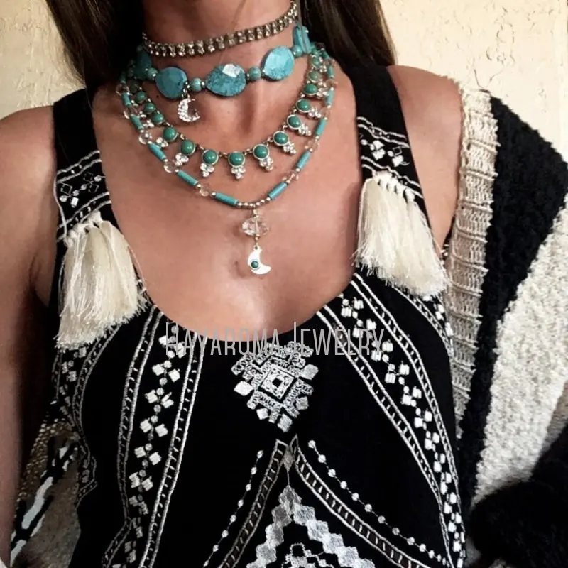 

NM43424 Turquoise Howlite Faceted Teardrop Moon Star Beaded Choker Necklace Boho Witch Wicca Southwest Desert Gemstone