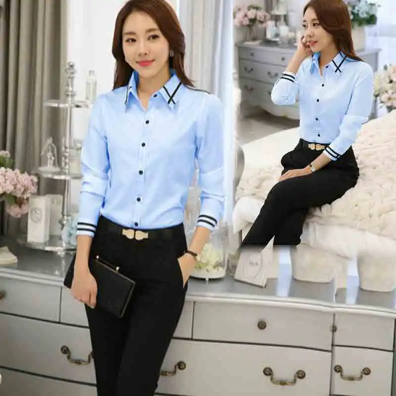 Fashion Elegant Office Lady Blouse Women Casual White Blue Shirt Lapel Collar Long Sleeve Korean Style Botton Shirt Female Top