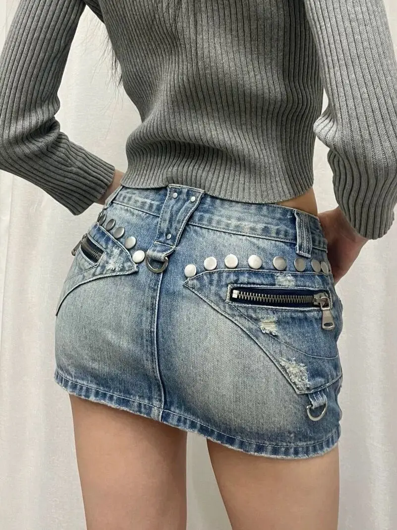 2024 Denim skirt American Y2K retro heavy industry rivet denim skirt female hot girl slimming slim a-line hip skirt trend