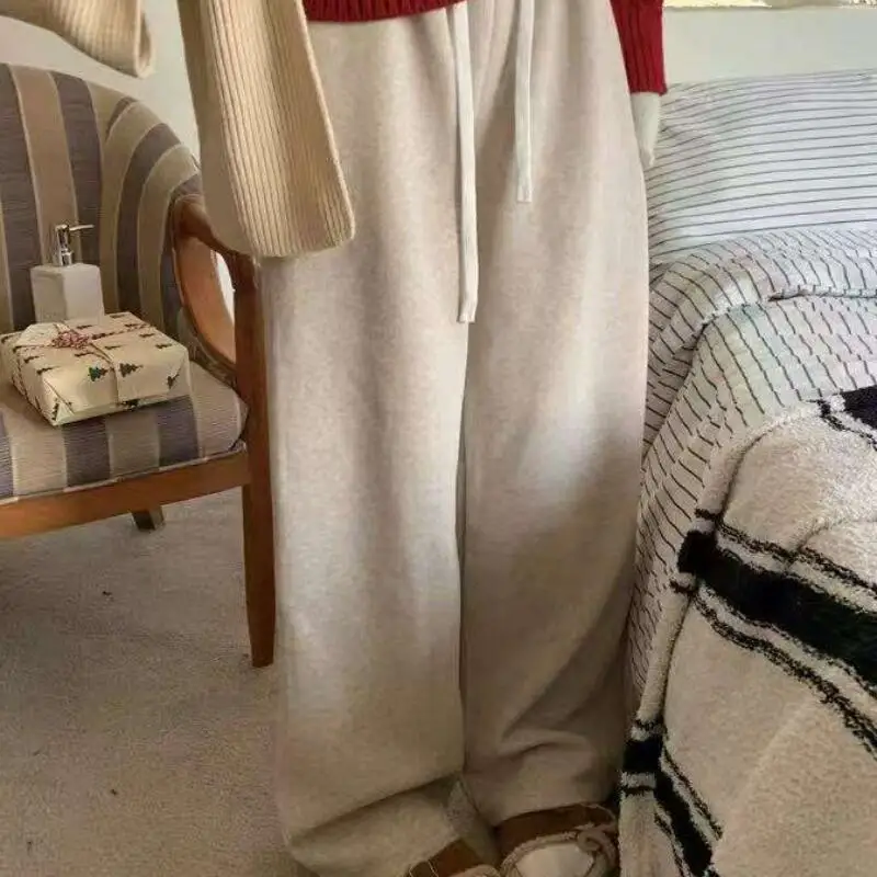 مرونة الخصر أفخم عالية الخصر الأرز الدبق مستقيم الساق السراويل النسائية سميكة الدافئة فضفاضة عارضة نمط الخريف الشتاء