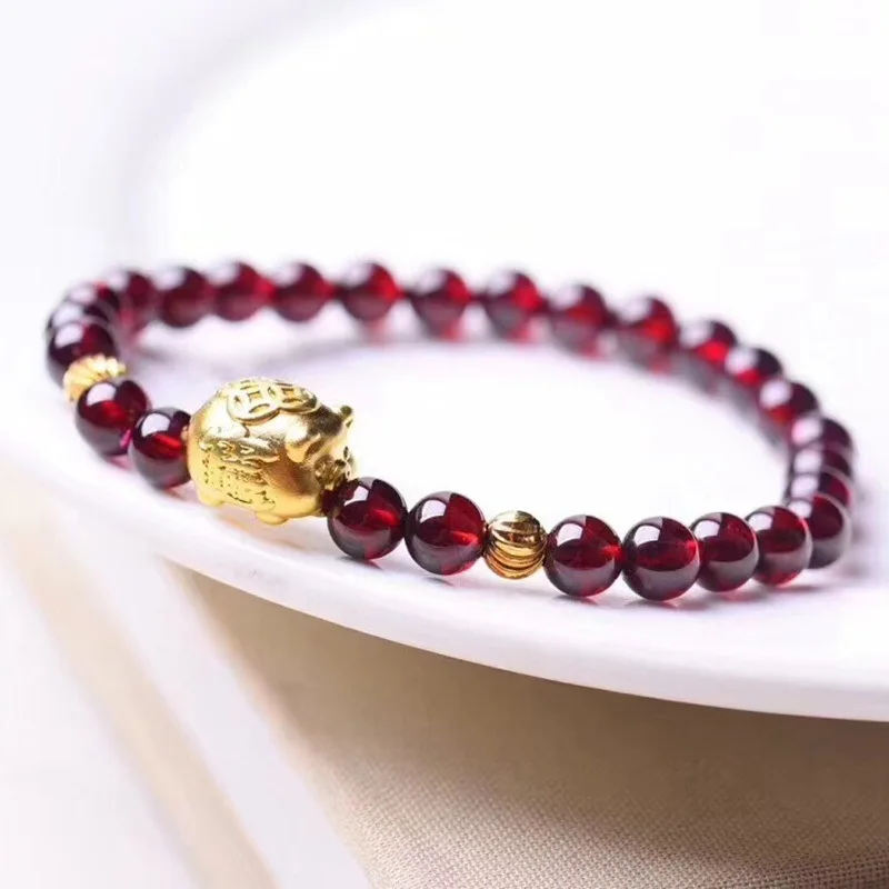 Natural 6A Grade Wine Red Garnet 5mm Bracelet with Gold Plated Zodiac Pig