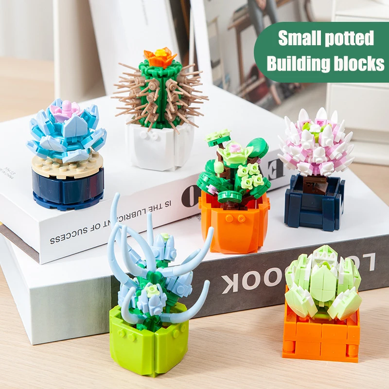Mini Flower Building Blocks Home Desktop Succulent Potted Ornaments Diy Small Particles Puzzle Assembled Children\'s Toy Gift
