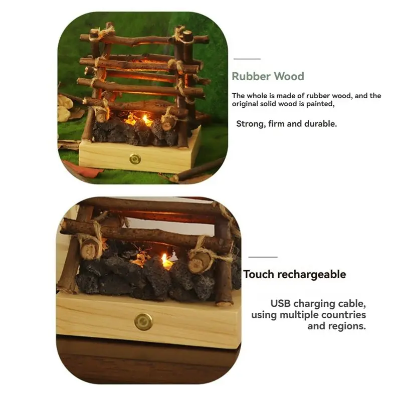 ABLU-Small Electric Fake Fireplace Log Night Light USB Rechargeable 3 Modes LED Fake Campfire Night Lights With White Noise