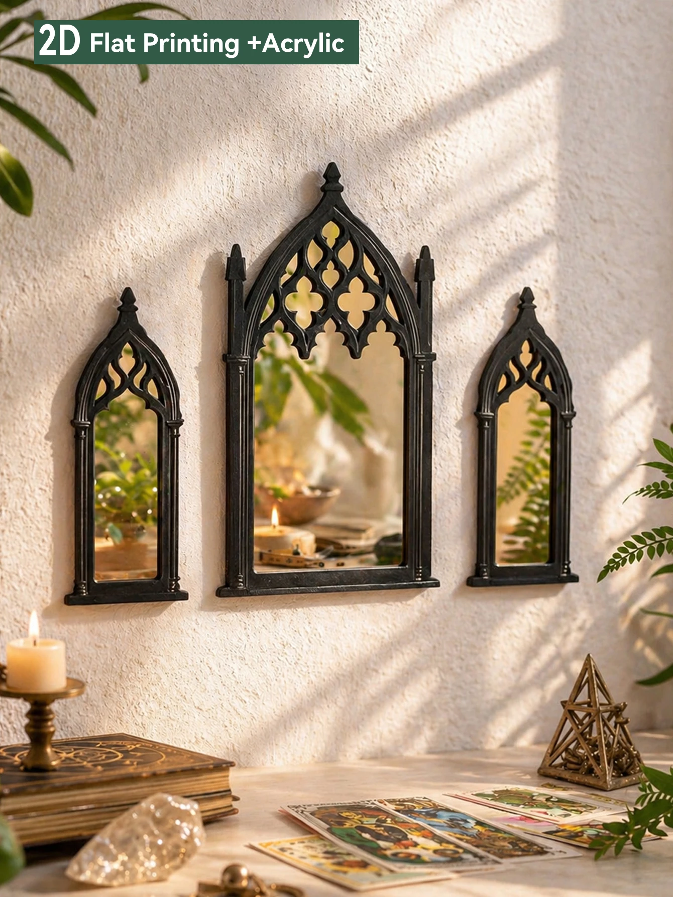 3Pcs Black Gothic Cathedral Wall Mirror, Ornate Window-Shaped Acrylic Mirror,Wall Art for Witchy & Dark Academia Room Decor Gift
