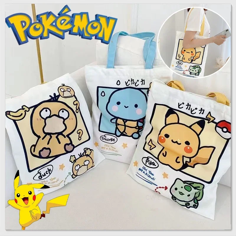 Pokemon Pikachu Shoulder Bag Psyduck Squirtle Women Fashion Canvas Handbag Large Capacity Travel Shopper Bags Lady Tote Purses