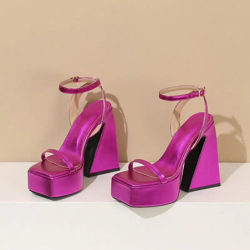 2025 Summer Women High Heel Shoes Platform Square High Heel Ladies Sandals PU Leather Open Toe Buckle Fashion Dress Women Shoes