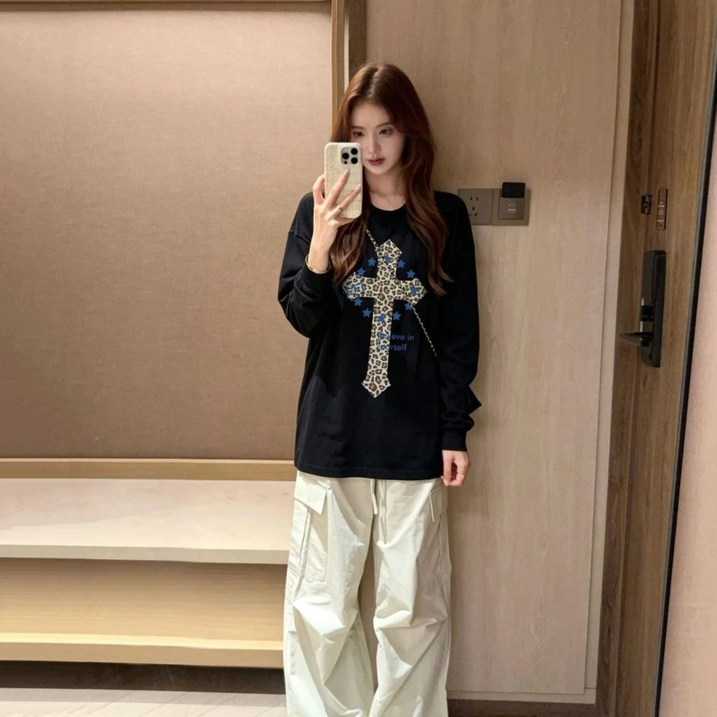 Japanese Sweet Lolita T Shirts Women Kawaii Leopard Cross Star Print Long Sleeves Tees Y2K Aesthetic Cool Girls Streetwear Tops