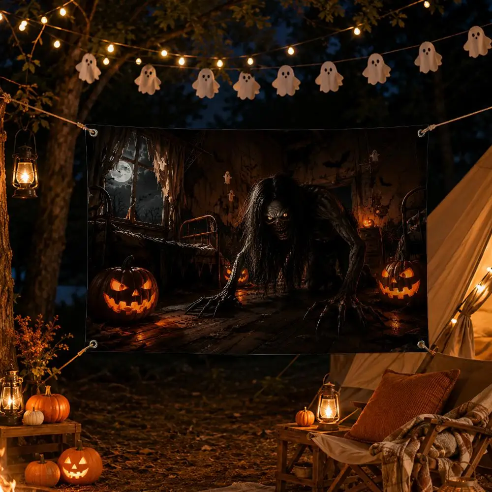 Horror Ghost Abandoned Room Halloween Flags Spooky Wall Hanging Banner Washable Fade‑Resistant Indoor Outdoor Party Decor
