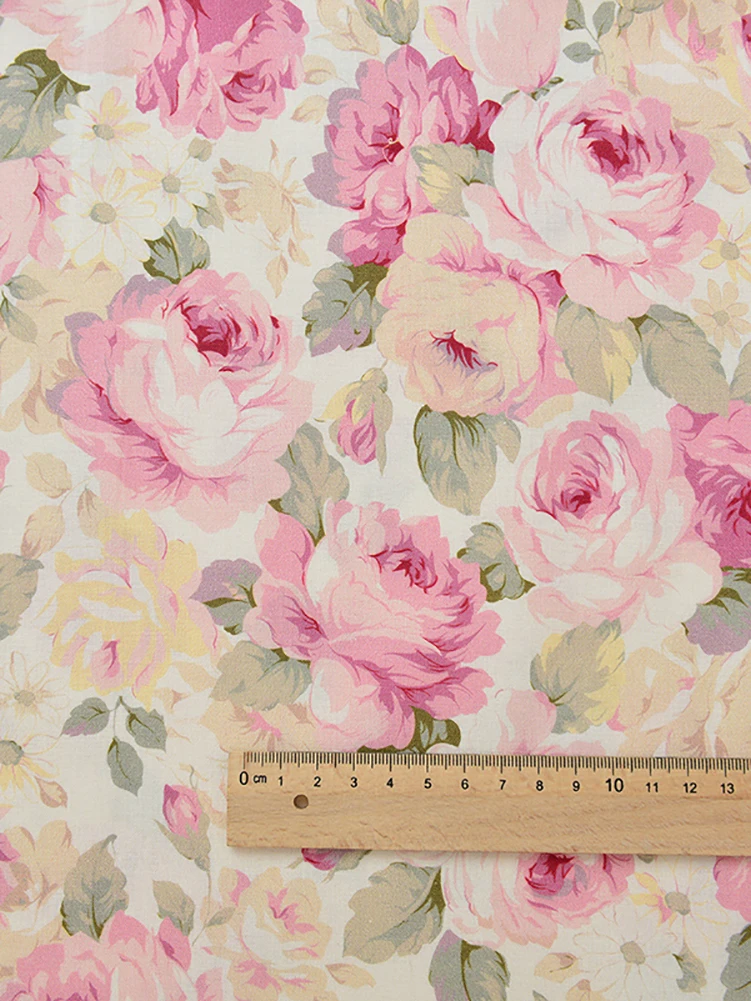 Rose Printed Fabric Pure Cotton Handmade DIY Patchwork Plant Flower Cloth Digital Printing by Half Meter