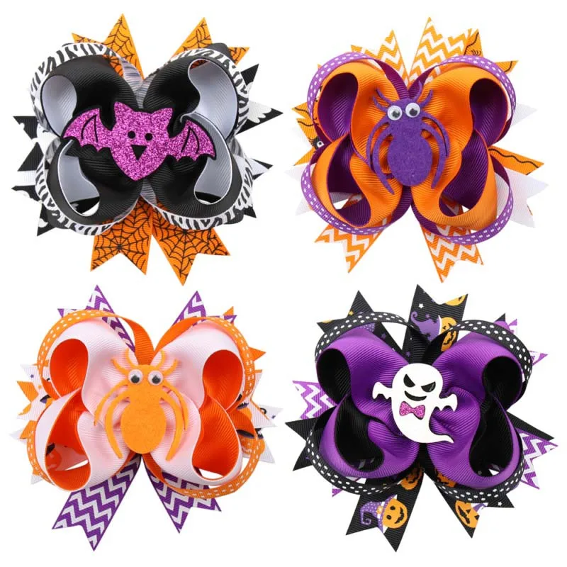 ncmama Multi-layer Swallow Tail Bow Hairpin Halloween Hair Clips for Girls Cute Pumpkin Spider Print Barrettes Hair Accessories