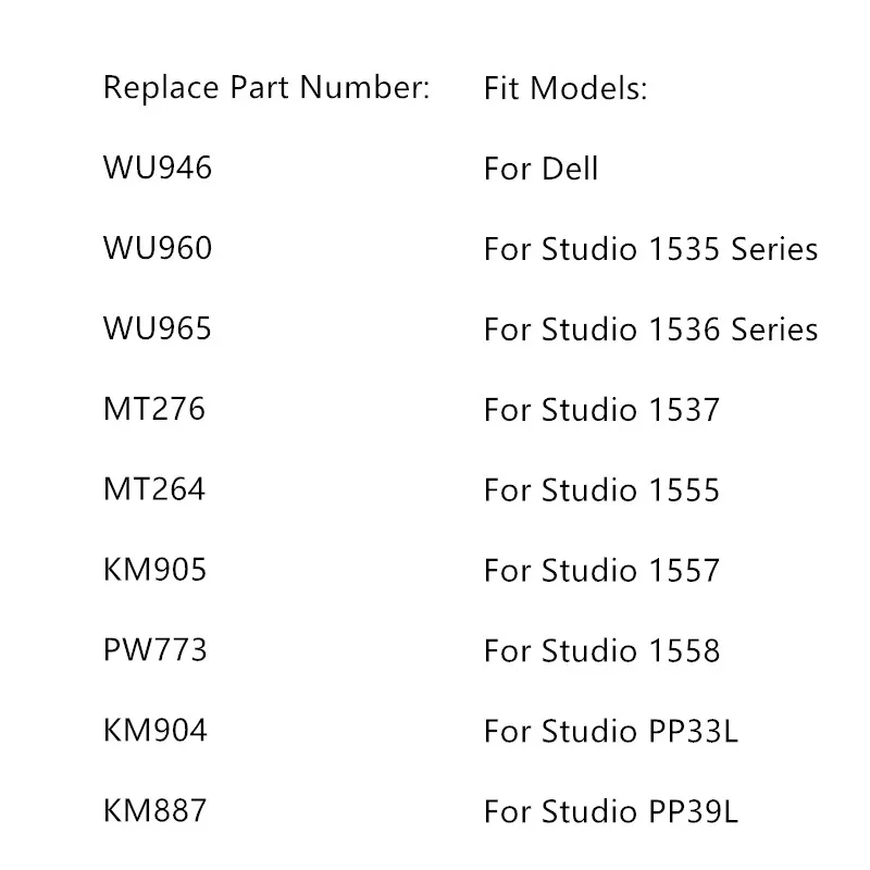 WU946 WU960 WU965 KM887 KM904 PW773 KM905 MT264 MT276 Laptop battery For Dell Studio 1535 1536 1537 1555 1557 1558 PP33L PP39L