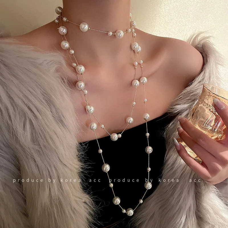 

Multi Double Layers Simulated Pearl Jewelry Long Necklace Women Classic Beads Chain Necklaces & Pendants Fine Gift Choker Kpop