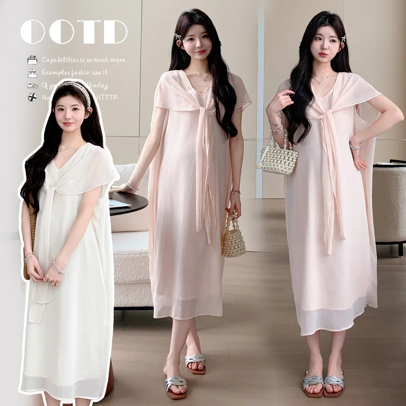

Maternity Dress Summer V Neck Chiffon Dress Elegant Temperament for Pregnant Women 2026 French Style Loose Breathable