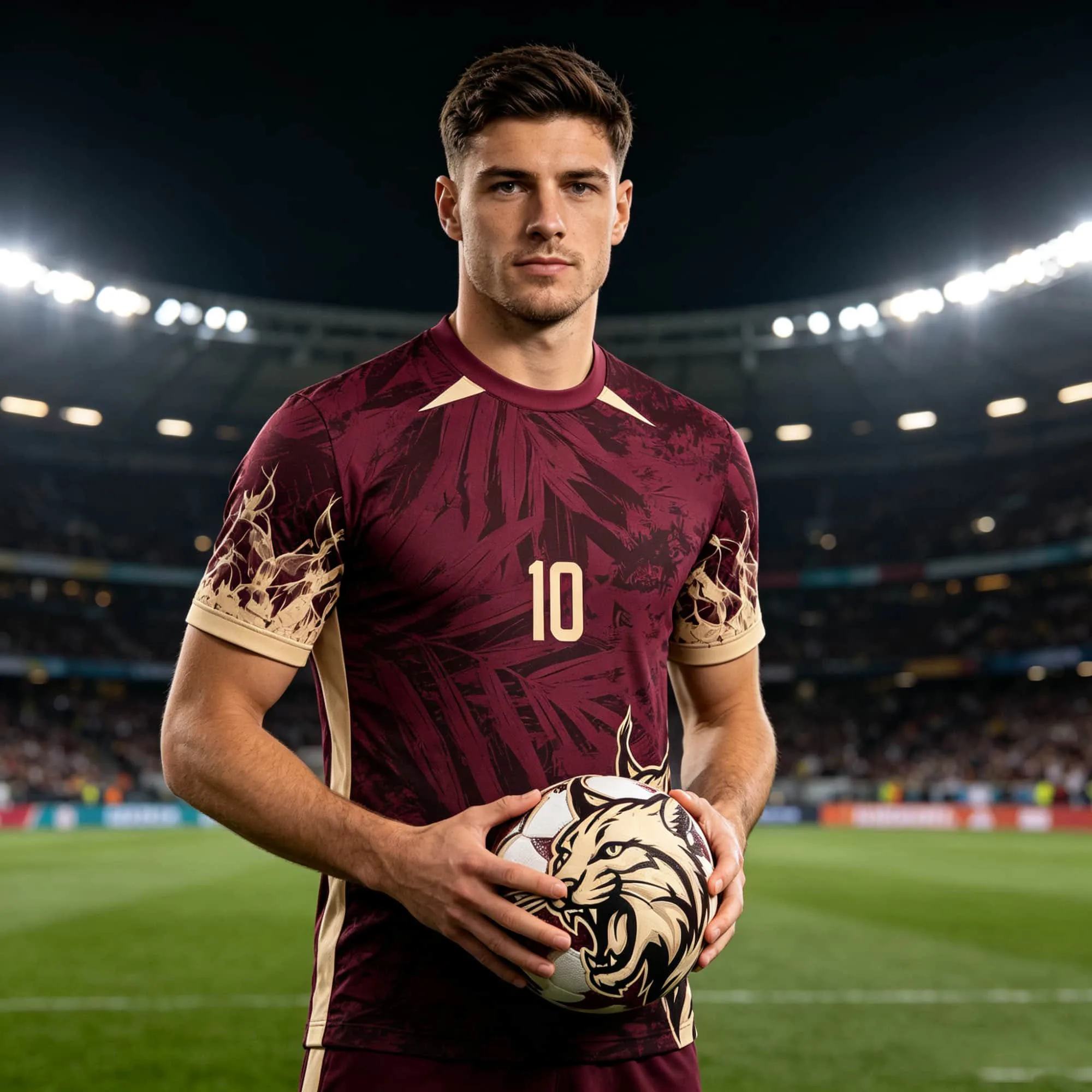 Men Wildcat Graphic Soccer Jersey Short Sleeve Maroon Leaf Print Number 10 Football Training Match Sport Tee Tops