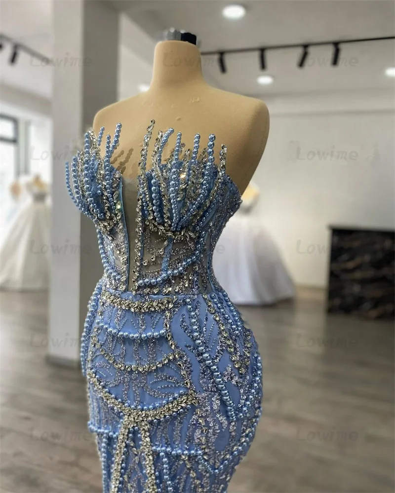 2024 Blue Pearls Wedding Party Dress Women Arabic Evening Dresses Gowns Aso Ebi Birthday Engagement Prom Gowns Robes Custom Made