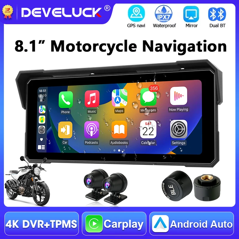 

8.1" Motorcycle DVR Carplay Screen WIFI Android Auto Navigation GPS IPX7 Waterproof Dual Bluetooth Moto Accessories Support TPMS
