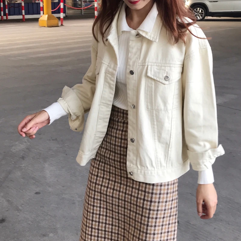 White Denim Jackets Women Autumn 2024 New Fashion Single-Breasted Coat Tops Loose Wild Student Lapel Street Jeans Outwear Female