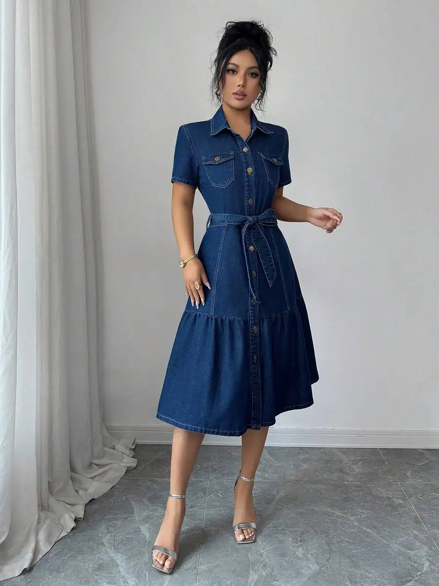 

Womens Denim Shirt Dress With Button Front And Belted Waist