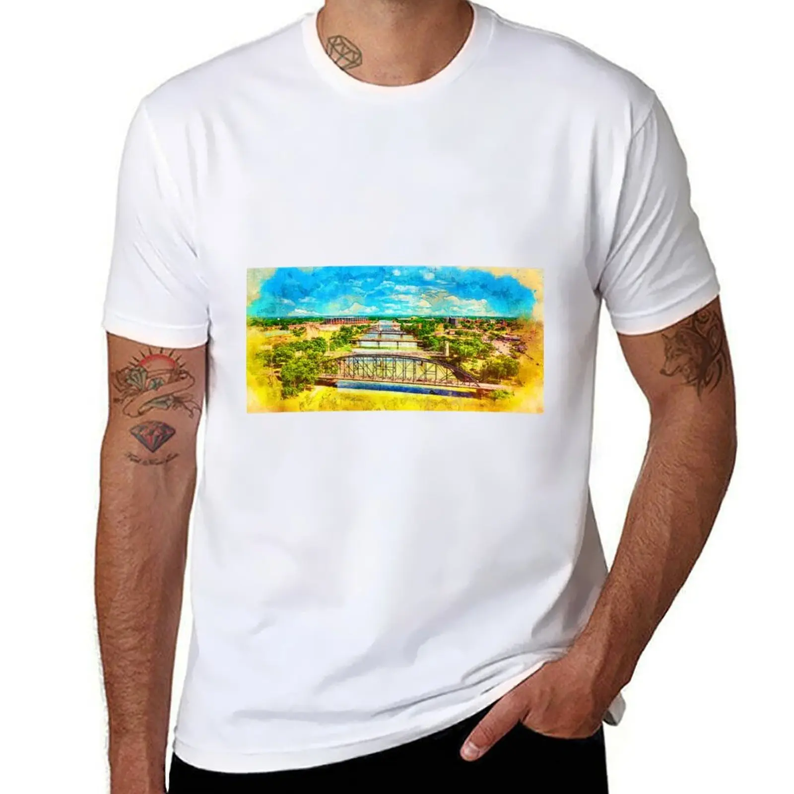 

Bridges over Brazos River in Waco, Texas - digital painting T-Shirt cotton t shirt man men t shirt cotton 100% T-Shirt