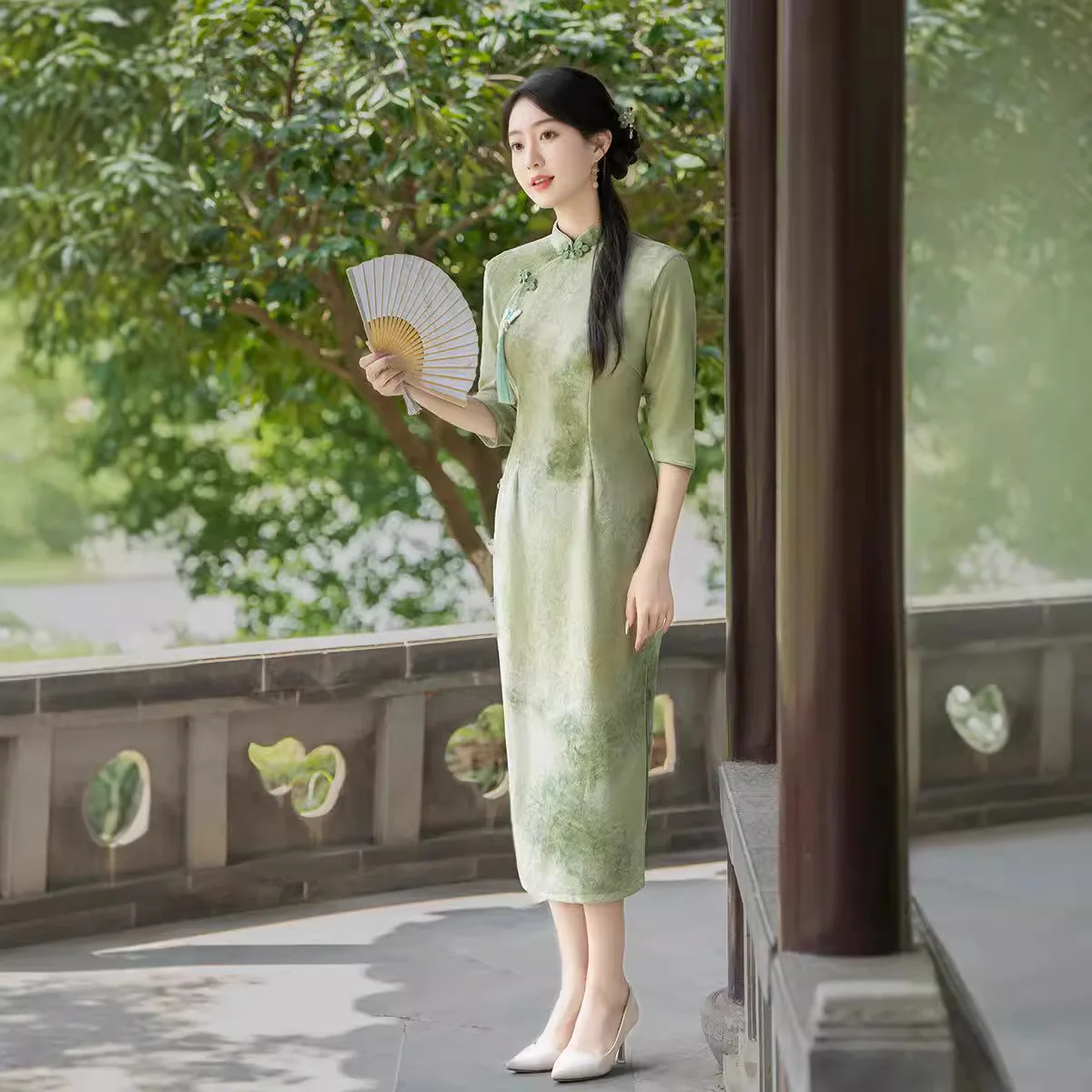 

Зеленое шенилловое платье-ципао в китайском стиле с рукавом три четверти, женское, ретро, приталенное, весенне-осеннее, для молодых женщин