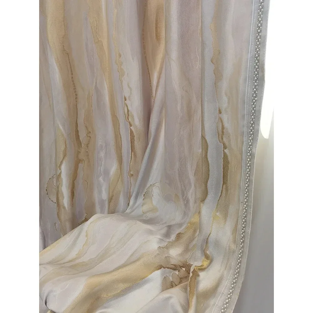 Golden Marble Texture Jacquard Pearl Lace Patched Curtains For Living Room Bedroom French Window Balcony Bay Window Customized
