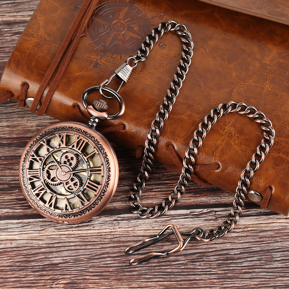 Red Copper Transparent Hollow Roman Numerals Manual Mechanical Pocket Watch Men with Pocket Chain Pendant Pocket Clock Male Gift