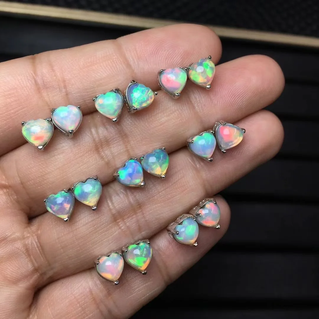 1 Pair Fengbaowu Natural Colorful Opal Heart Earring 925 Sterling Silver Reiki Healing Stone Fashion Jewelry Gift For Women