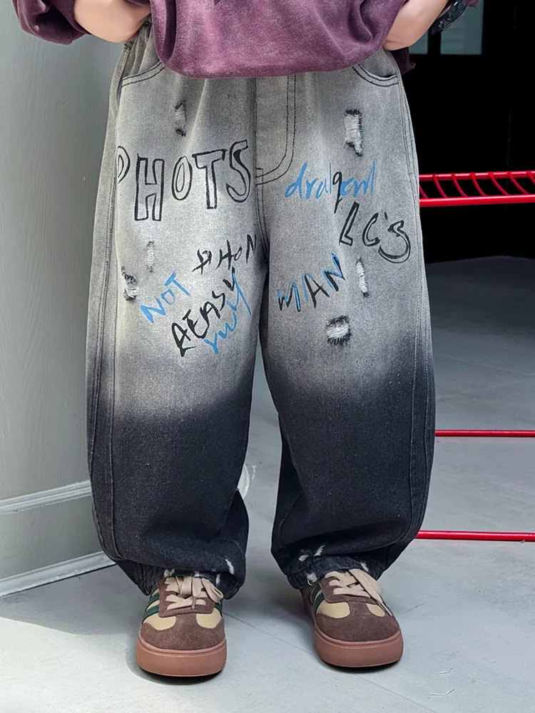 New Spring Autumn Boy Jeans Children Casual Loose Scrawl Denim Jeans Boy Denim Pants Elastic Waist Kid Boys Trousers 2-11Years