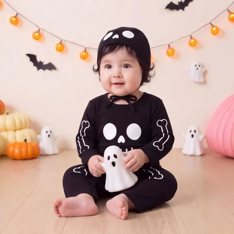Baby Boy Clothes Newborn Infant Baby Halloween Skeleton Romper Black Long Sleeve Jumpsuit Cosplay Anime