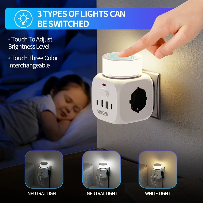 Soket Rubik Multifungsi Portabel Usb+Type-C untuk Perjalanan dan Berkemah, Soket Konversi Nirkabel dengan Sakelar Sentuh dan Lampu Malam
