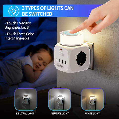 Multi funcional rubik cubo soquete portátil usb + tipo-c viagem acampamento tomada de conversão sem fio com interruptor de toque luz noturna