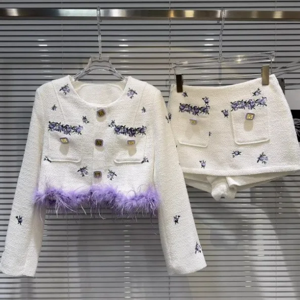 

Winter 2025 New Small Fragrance Style Feather Trim Embroidered Short Jacket Top Shorts Skirt Set Women's Casual Sportswear