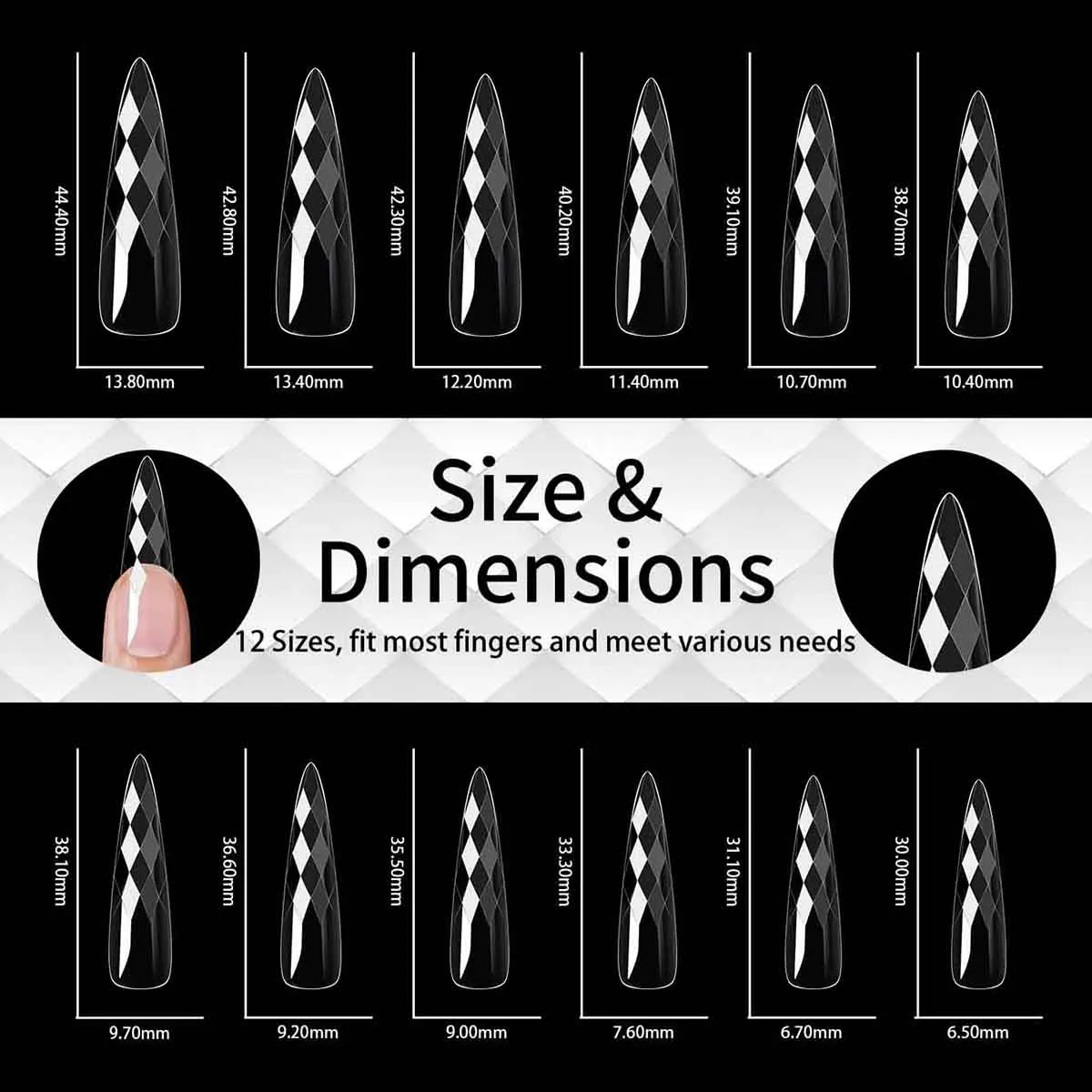 3D Diamante Rombo Punte per unghie finte trasparenti Lungo Stiletto Bara Copertura completa Strumenti di decorazione per unghie 12 dimensioni 120PC Stampa sulle unghie