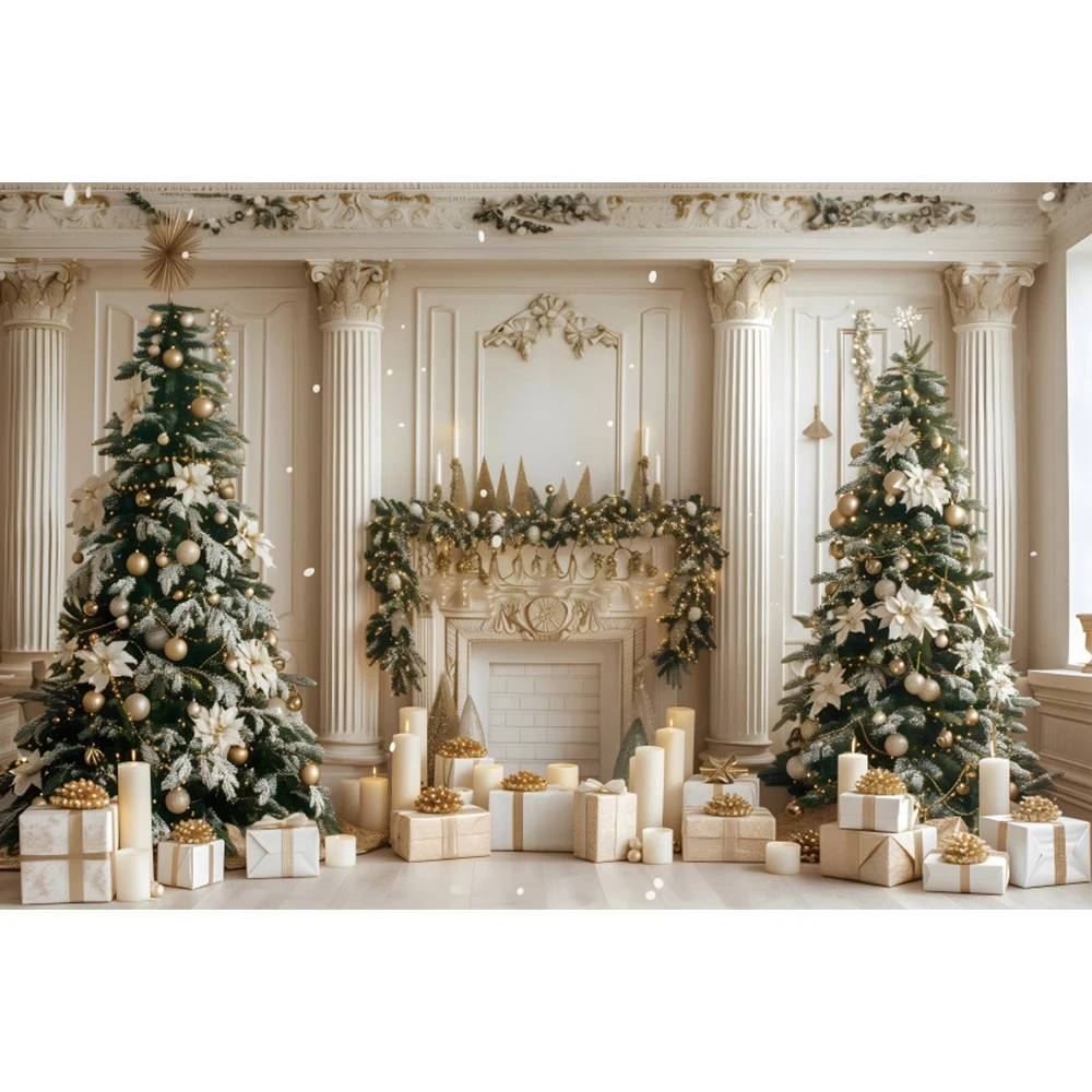 White Christmas Palace Fireplace Scene Backdrop for Kids Birthday Party Xmas Tree Gift Family Party Photography Background Decor