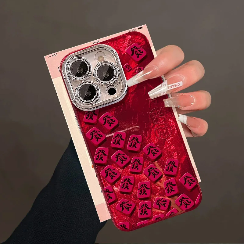 Whirlpool Pattern Eight Square Money Mahjong Phone Case with Bow String Phone Chain for iPhone 11 12 13 14 15 16 pro max