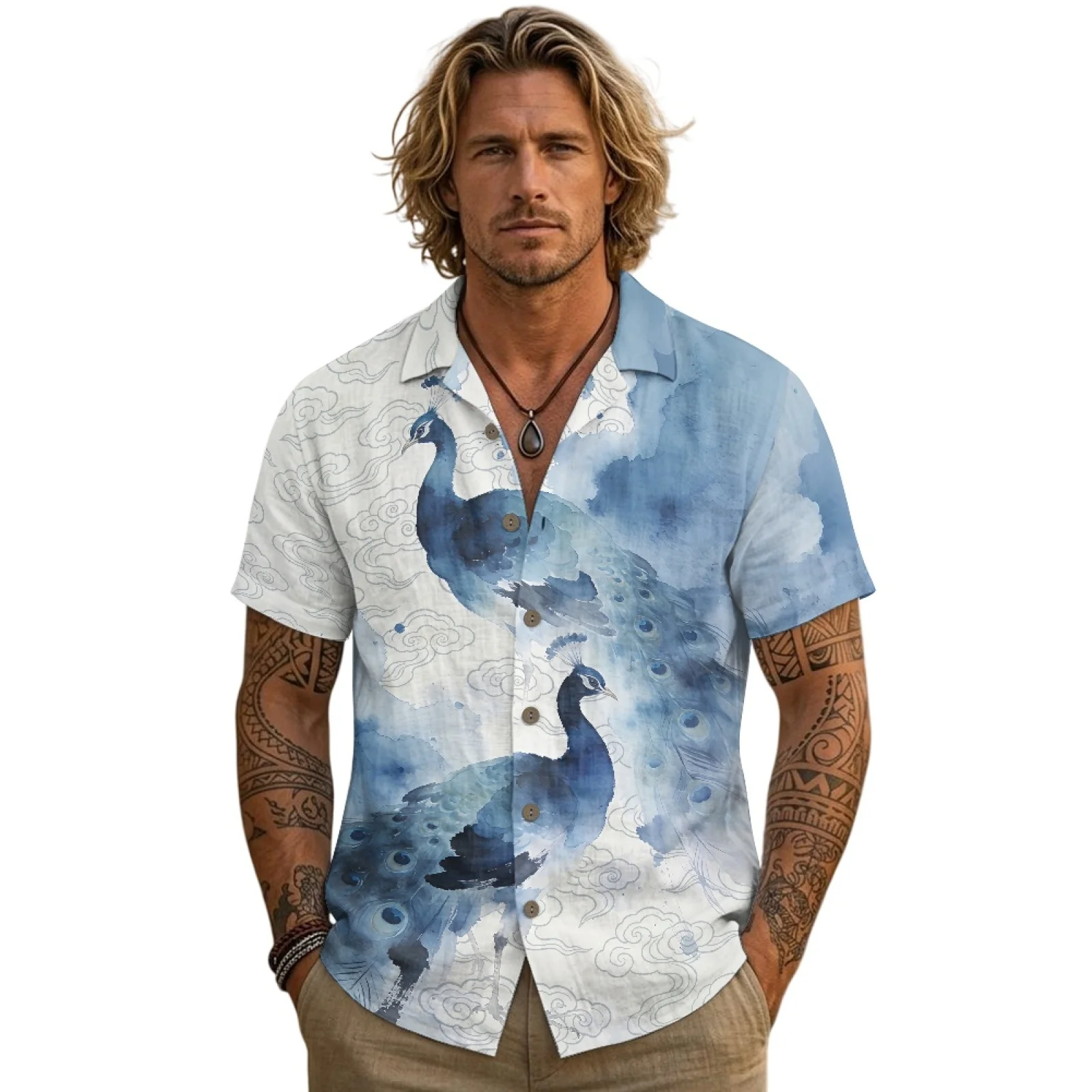 PENSTROLL Watercolor Peacock Print Linen Like Short Sleeved T-shirt Breathable Short Sleeve Top for Men S-3XL