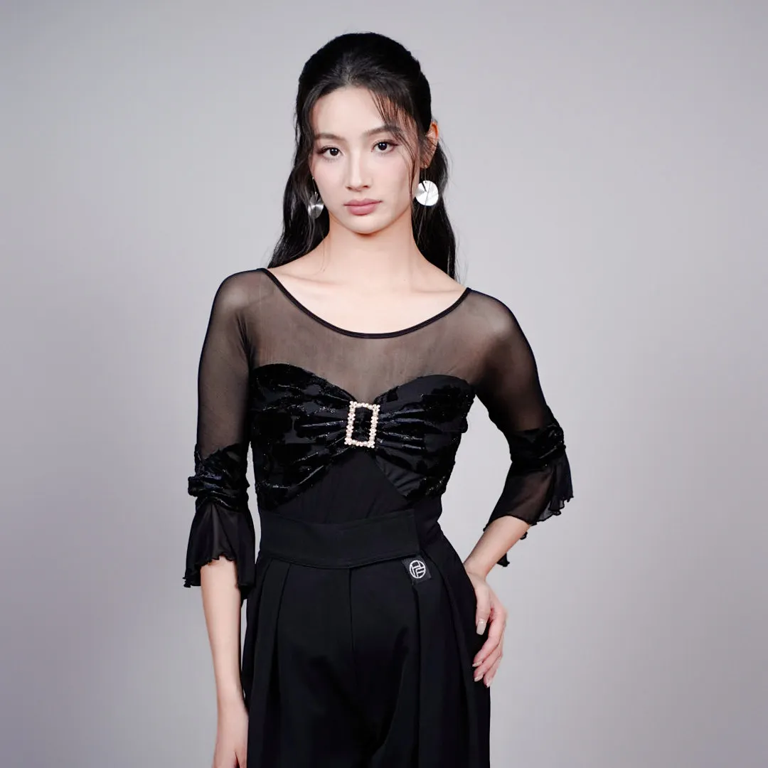 

Black Mesh Sleeves Latin Dance Training Tops Women'S Ballroom Dance Competition Top Adults Waltz Modern Dancing Tops SL15094